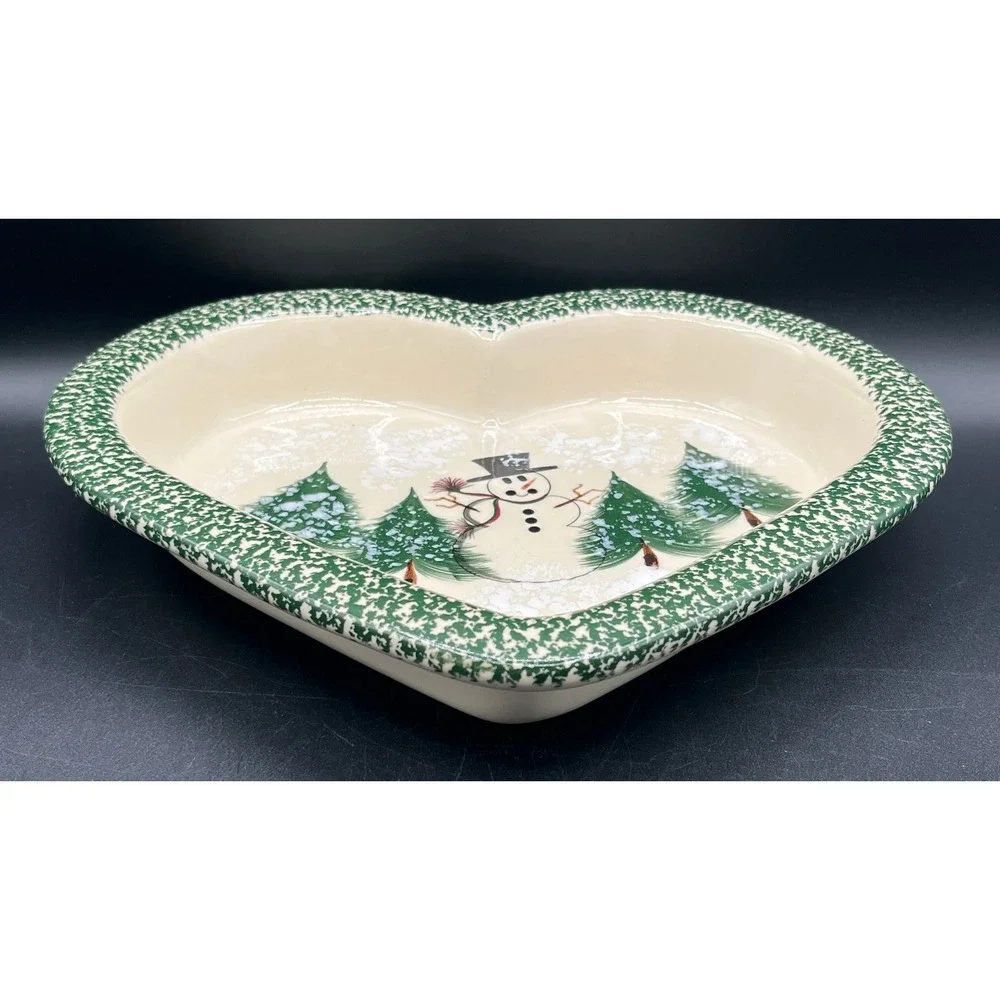 Patton Handmade Stoneware Pottery Heart Dish Snowman Green Spongeware Christmas
